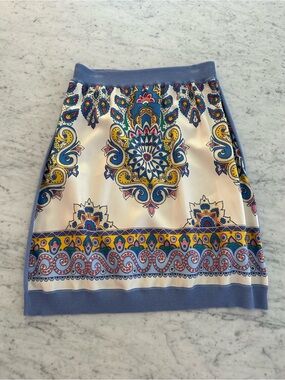 ETRO Printed Paisley-Panel Skirt in Ivory and Blue